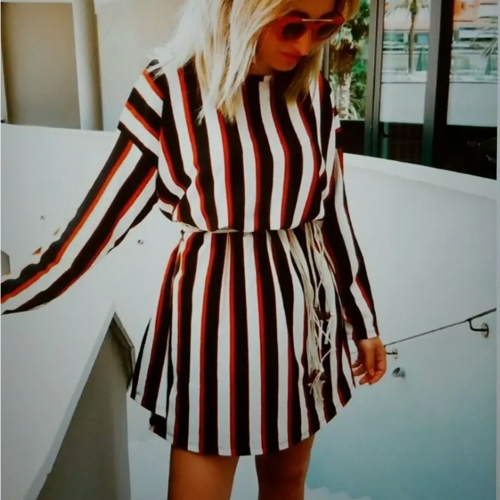 Zara striped dress with macrame beaded belt